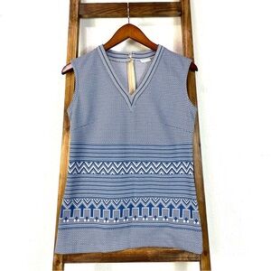 60s-70s Fitted Polyester Knit Blue Geometric Patterned Sleeveless V-Neck S/M